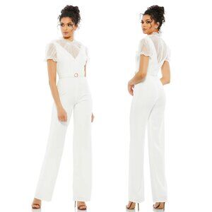 BELTED ILLUSION HIGH NECK CAP SLEEVE JUMPSUIT | MAC DUGGAL 26621